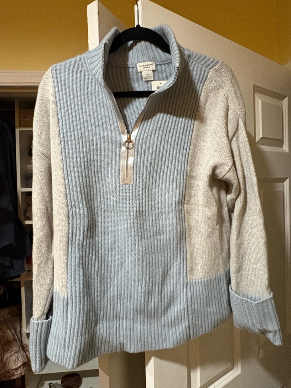 Club Monaco Sky Blue and grey Half-Zip Ribbed Sweater